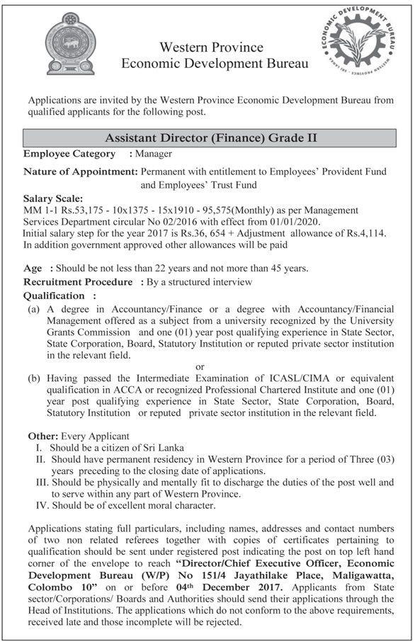 Assistant Director (Finance) - Economic Development Bureau - Western Province